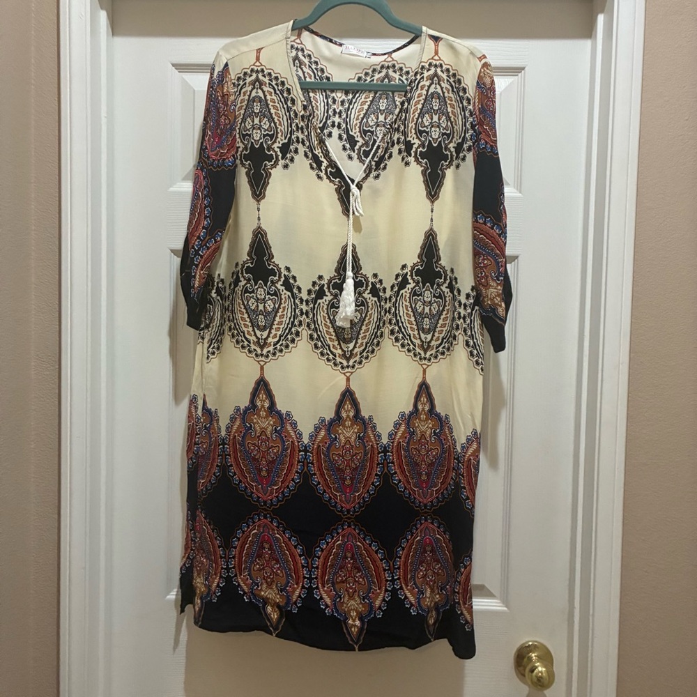 Halife Women’s Dress Large With Tassel Tie Neck Cream Blue Gold Boho Paisley EUC